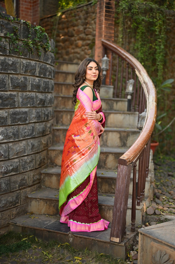 Rang Mahal Exclusive ~ Handloom Pure Silk Bandhani Paithani in Double Pallu in Maroon with Pink Border (With Silk Mark)