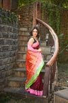 Rang Mahal Exclusive ~ Handloom Pure Silk Bandhani Paithani in Double Pallu in Maroon with Pink Border (With Silk Mark)