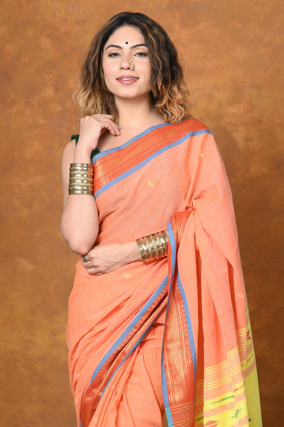 Jijamata Border Pure Cotton Paithani Saree With Traditional Double Pallu ~ Serene Orange