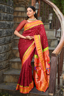  Rang Mahal Exclusive ~ Handloom Pure Silk Bandhani Paithani in Parrot Pallu in Deep Red with Pink (With Silk Mark)