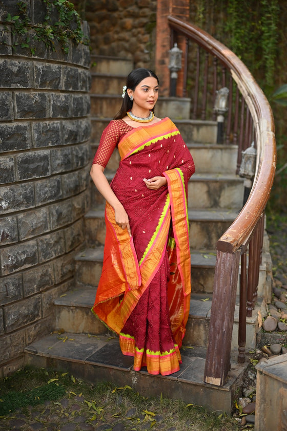 Rang Mahal Exclusive ~ Handloom Pure Silk Bandhani Paithani in Parrot Pallu in Deep Red with Pink (With Silk Mark)