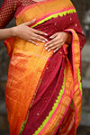 Rang Mahal Exclusive ~ Handloom Pure Silk Bandhani Paithani in Parrot Pallu in Deep Red with Pink (With Silk Mark)