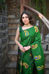 Rang Mahal ~ Gadwal Pure Silk Handloom Saree in Green with Mango Motifs Border and Meena Work (With Silk Mark)