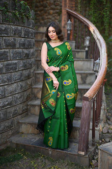  Rang Mahal ~ Gadwal Pure Silk Handloom Saree in Green with Mango Motifs Border and Meena Work (With Silk Mark)