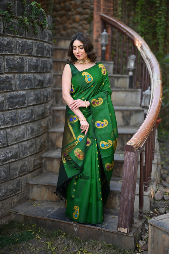Rang Mahal ~ Gadwal Pure Silk Handloom Saree in Green with Mango Motifs Border and Meena Work (With Silk Mark)