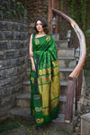 Rang Mahal ~ Gadwal Pure Silk Handloom Saree in Green with Mango Motifs Border and Meena Work (With Silk Mark)