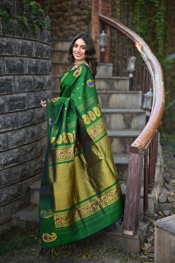 Rang Mahal ~ Gadwal Pure Silk Handloom Saree in Green with Mango Motifs Border and Meena Work (With Silk Mark)