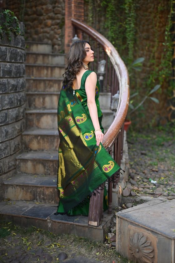 Rang Mahal ~ Gadwal Pure Silk Handloom Saree in Green with Mango Motifs Border and Meena Work (With Silk Mark)