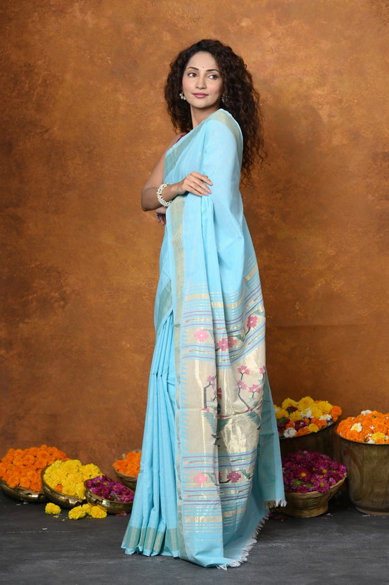 EXCLUSIVE! Handloom Pure Cotton Paithani With Asawali Pallu~Sky Blue