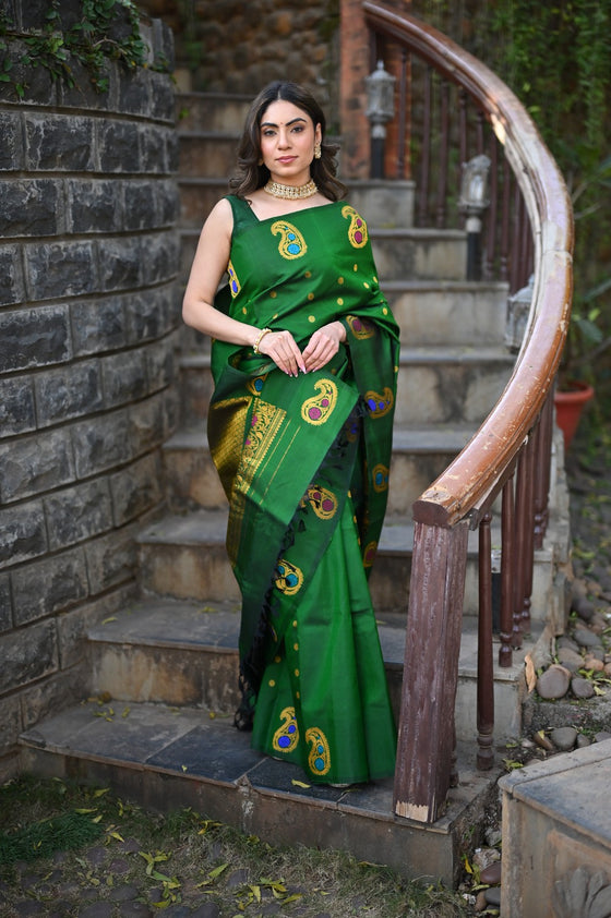 Rang Mahal ~ Gadwal Pure Silk Handloom Saree in Green with Mango Motifs Border and Meena Work (With Silk Mark)