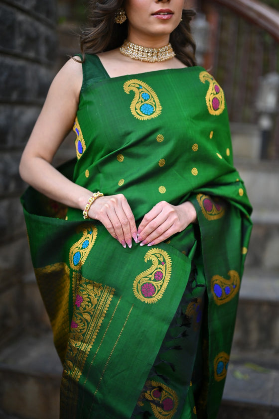 Rang Mahal ~ Gadwal Pure Silk Handloom Saree in Green with Mango Motifs Border and Meena Work (With Silk Mark)