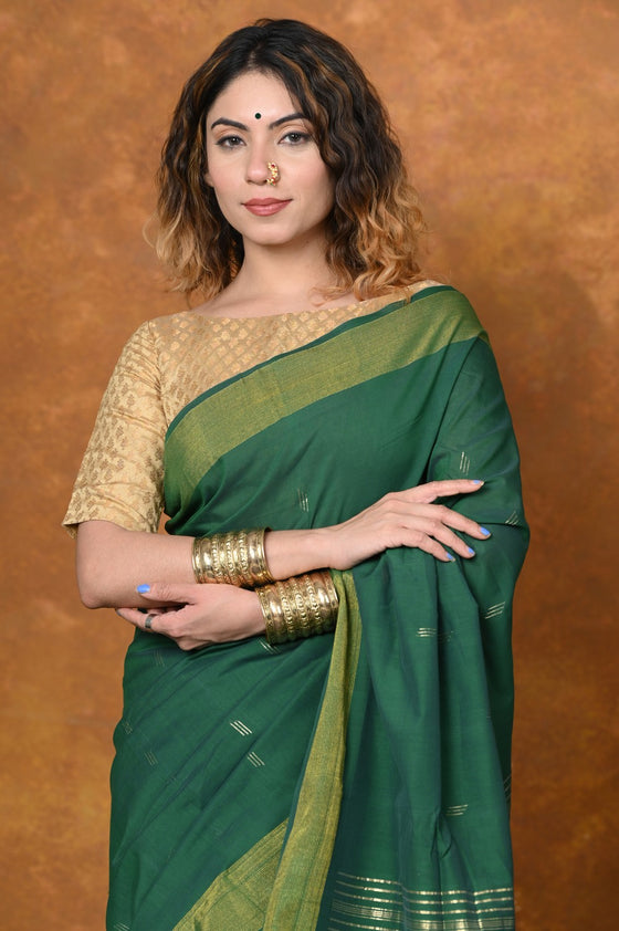 Shop EXCLUSIVE! Handloom Pure Cotton Paithani With Asawali Pallu~Dark Green