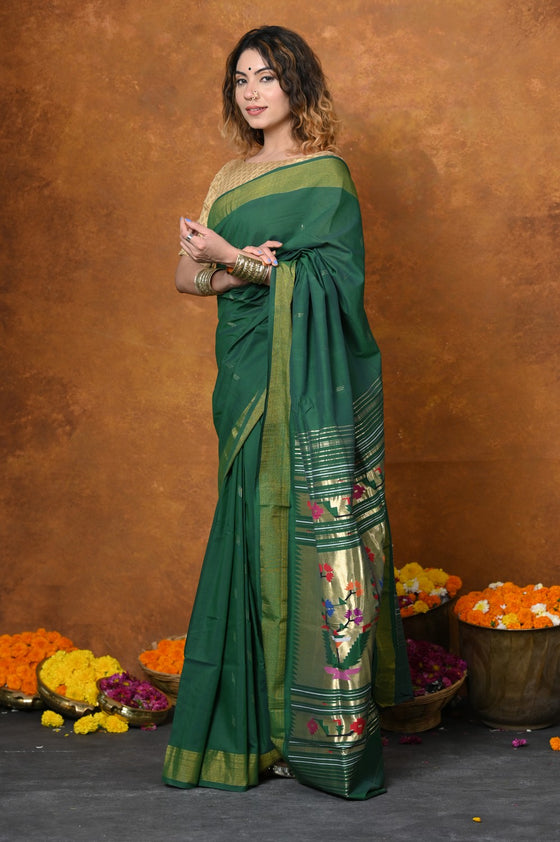 EXCLUSIVE! Handloom Pure Cotton Paithani With Asawali Pallu~Dark Green