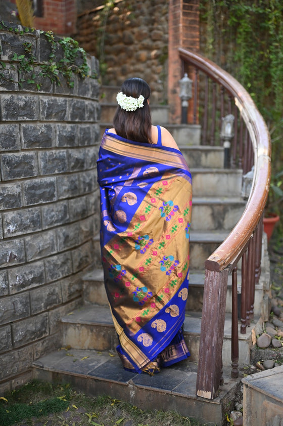 Rang Mahal ~ Handloom Pure Silk Paithani Maharani Paithani in Azure Blue (With Silk Mark)