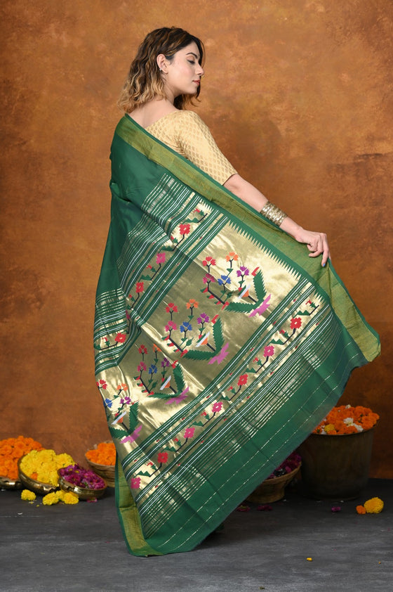 EXCLUSIVE! Handloom Pure Cotton Paithani With Asawali Pallu~Dark Green