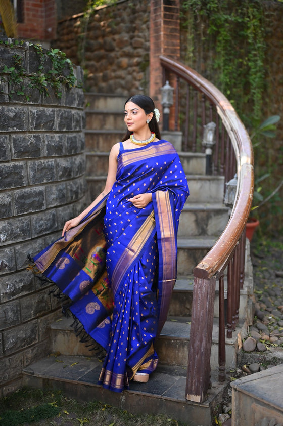 Rang Mahal ~ Handloom Pure Silk Paithani Maharani Paithani in Azure Blue (With Silk Mark)
