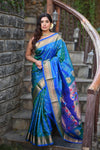 Chandrakor Rang Mahal ~ Handloom Pure Silk Paithani Maharani Paithani in Dual Tone Azure Blue and Green (With Silk Mark)