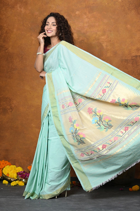 EXCLUSIVE! Handloom Pure Cotton Paithani With Asawali Pallu~Light Blue