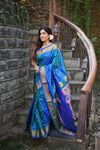 Chandrakor Rang Mahal ~ Handloom Pure Silk Paithani Maharani Paithani in Dual Tone Azure Blue and Green (With Silk Mark)
