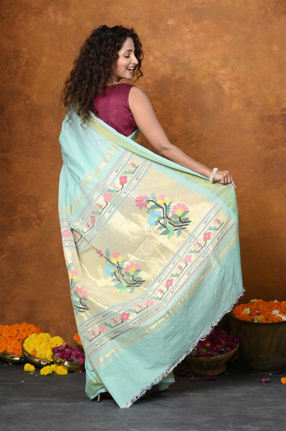 Buy EXCLUSIVE! Handloom Pure Cotton Paithani With Asawali Pallu~Light Blue