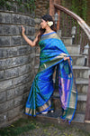 Chandrakor Rang Mahal ~ Handloom Pure Silk Paithani Maharani Paithani in Dual Tone Azure Blue and Green (With Silk Mark)