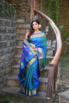 Chandrakor Rang Mahal ~ Handloom Pure Silk Paithani Maharani Paithani in Dual Tone Azure Blue and Green (With Silk Mark)