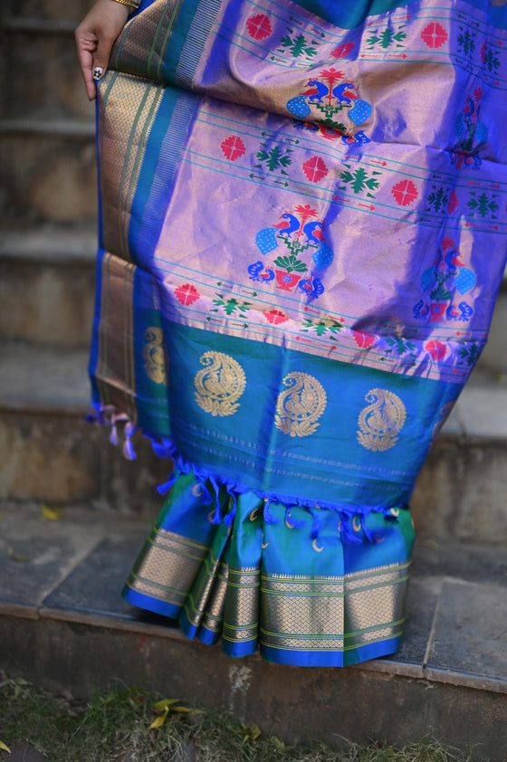 Chandrakor Rang Mahal ~ Handloom Pure Silk Paithani Maharani Paithani in Dual Tone Azure Blue and Green (With Silk Mark)