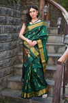 Rang Mahal ~ Handloom Pure Silk Paithani Maharani Paithani in Royal Green with Nath Buttis (With Silk Mark)