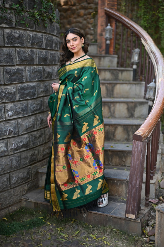 Rang Mahal ~ Handloom Pure Silk Paithani Maharani Paithani in Royal Green with Nath Buttis (With Silk Mark)