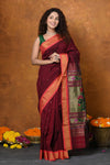 Shop EXCLUSIVE! Handloom Pure Cotton Paithani With Asawali Pallu~Dark Maroon