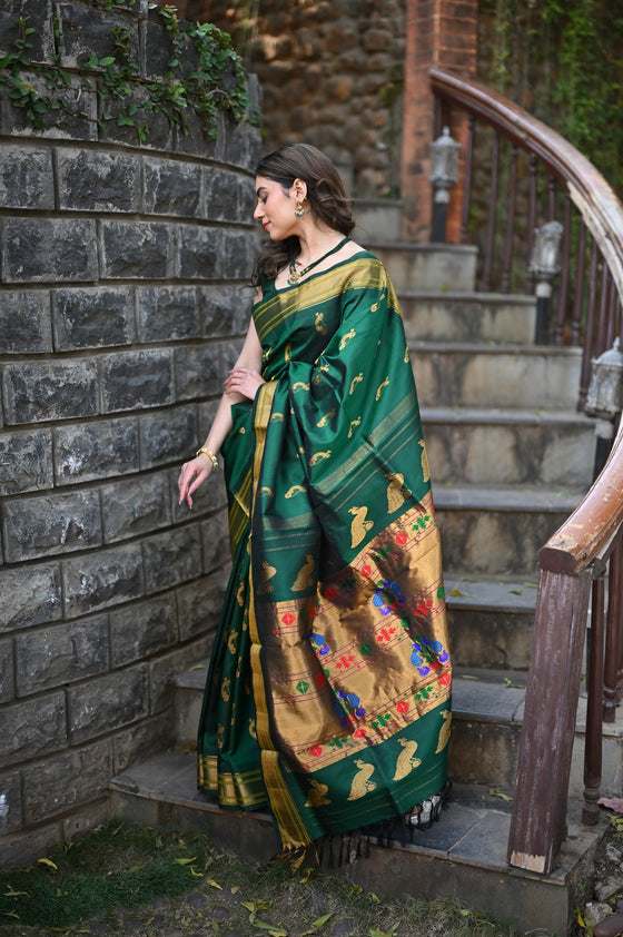 Rang Mahal ~ Handloom Pure Silk Paithani Maharani Paithani in Royal Green with Nath Buttis (With Silk Mark)
