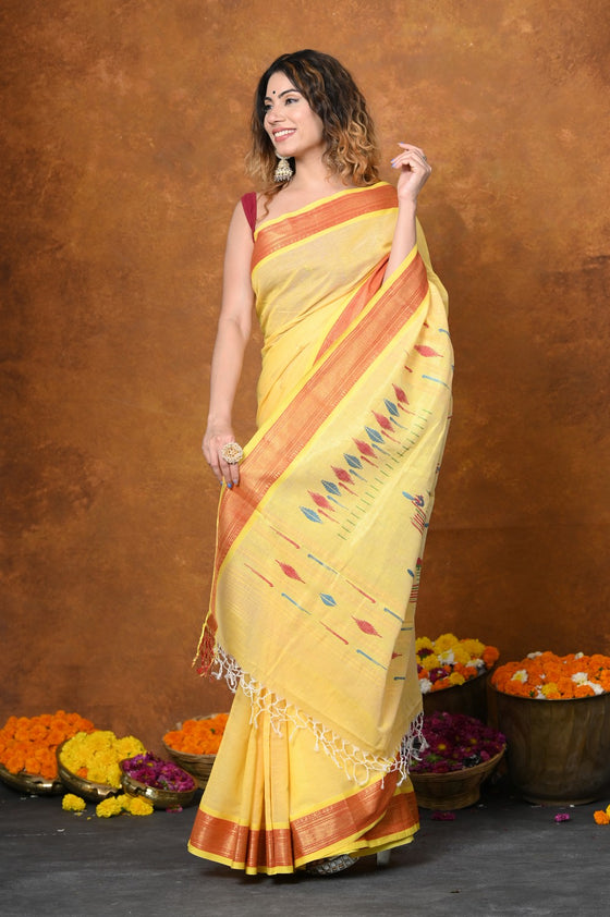 Jijamata Border Pure Cotton Paithani Saree With Traditional Double Pallu ~ Sunset Yellow