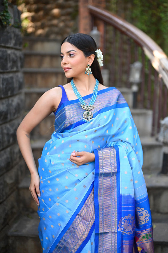 Rang Mahal ~ Handloom Pure Silk Kalanjali Paithani Maharani Paithani in Sky Blue (With Silk Mark)