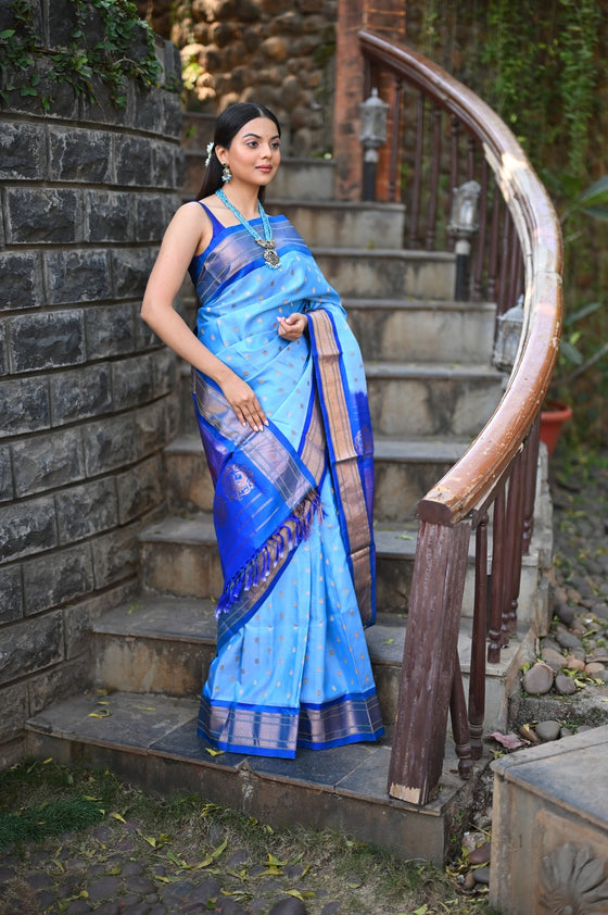 Rang Mahal ~ Handloom Pure Silk Kalanjali Paithani Maharani Paithani in Sky Blue (With Silk Mark)