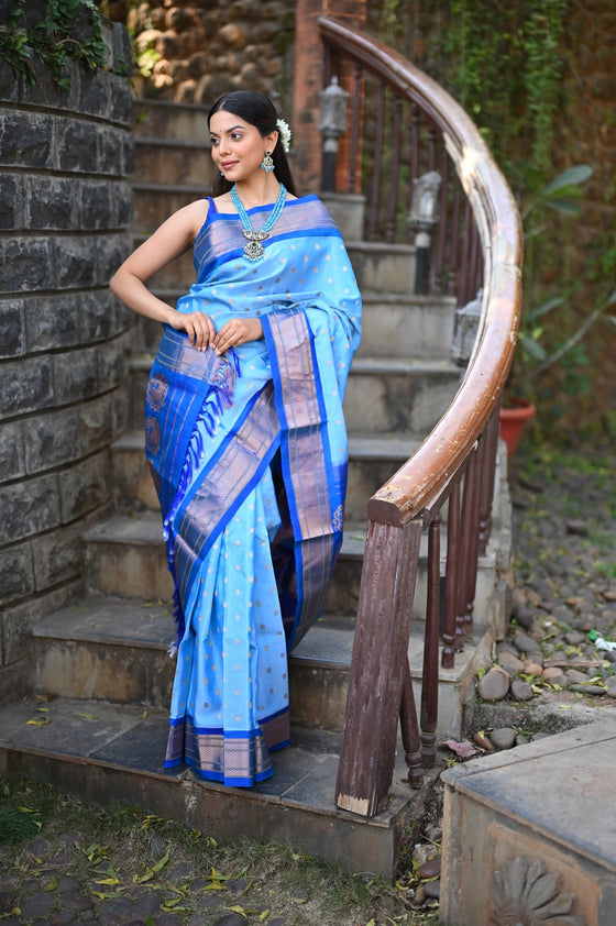 Rang Mahal ~ Handloom Pure Silk Kalanjali Paithani Maharani Paithani in Sky Blue (With Silk Mark)