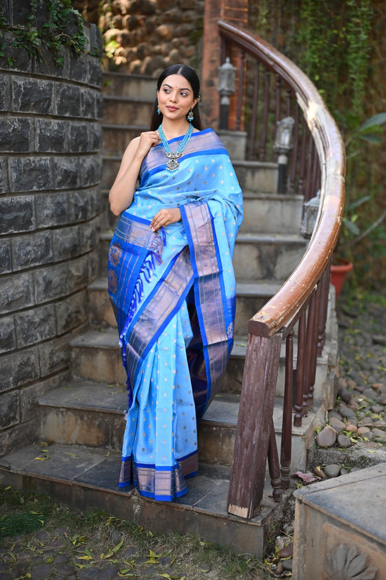 Rang Mahal ~ Handloom Pure Silk Kalanjali Paithani Maharani Paithani in Sky Blue (With Silk Mark)
