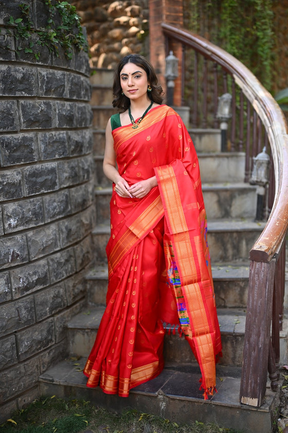 Chandrakor Rang Mahal ~ Handloom Pure Silk Paithani Maharani Paithani in Sapphire Red (With Silk Mark)