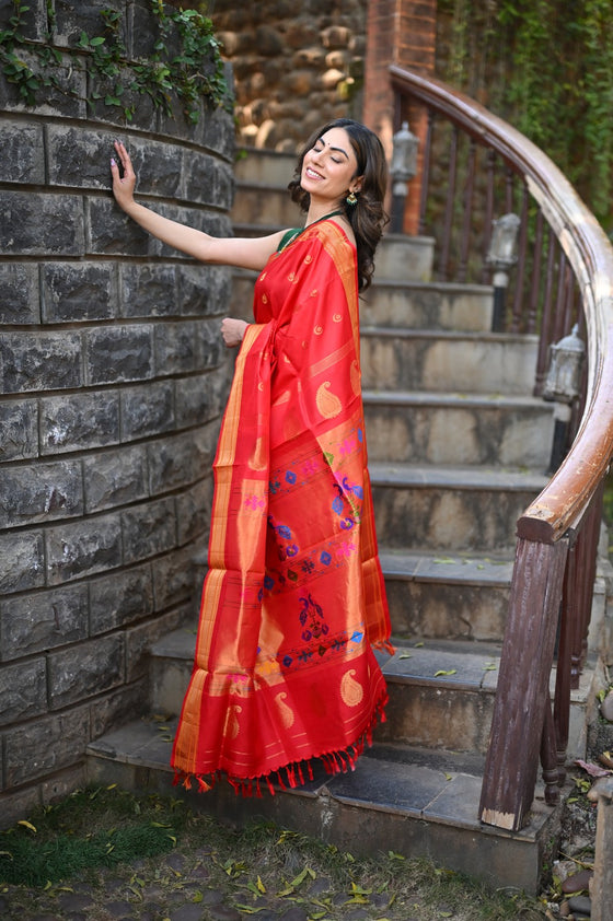 Chandrakor Rang Mahal ~ Handloom Pure Silk Paithani Maharani Paithani in Sapphire Red (With Silk Mark)