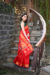 Chandrakor Rang Mahal ~ Handloom Pure Silk Paithani Maharani Paithani in Sapphire Red (With Silk Mark)