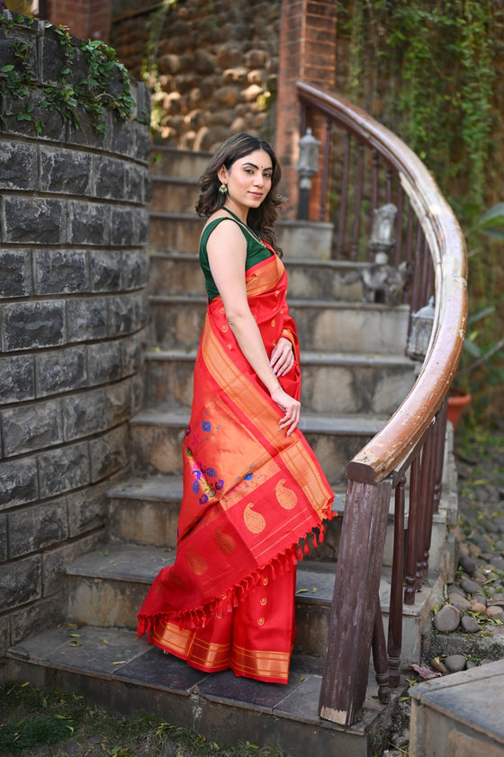 Chandrakor Rang Mahal ~ Handloom Pure Silk Paithani Maharani Paithani in Sapphire Red (With Silk Mark)