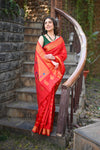 Chandrakor Rang Mahal ~ Handloom Pure Silk Paithani Maharani Paithani in Sapphire Red (With Silk Mark)
