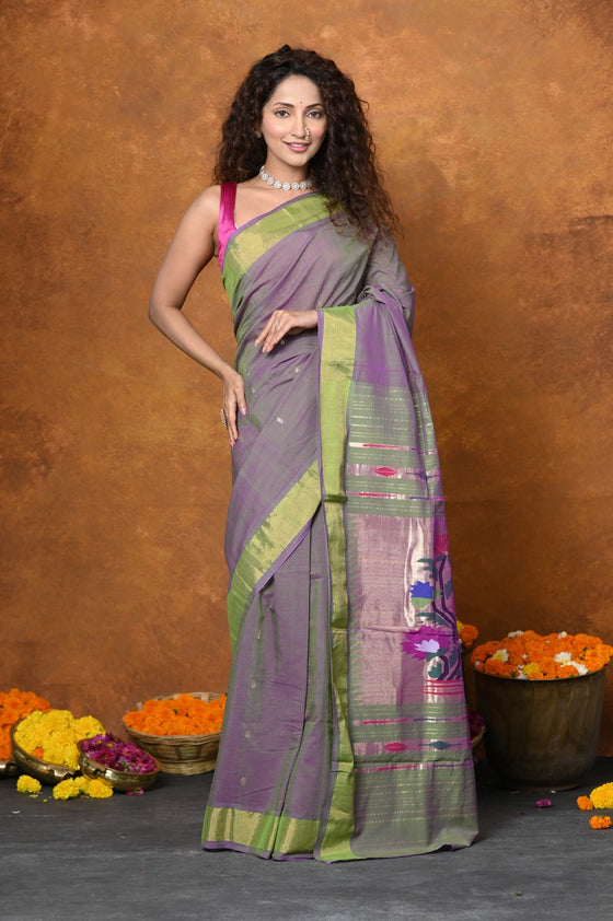 EXCLUSIVE! Handloom Pure Cotton Paithani With Traditional Asawali Pallu~Dual Tone Green & Pink