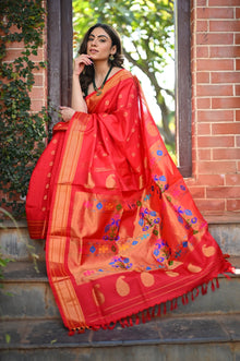  Chandrakor Rang Mahal ~ Handloom Pure Silk Paithani Maharani Paithani in Sapphire Red (With Silk Mark)