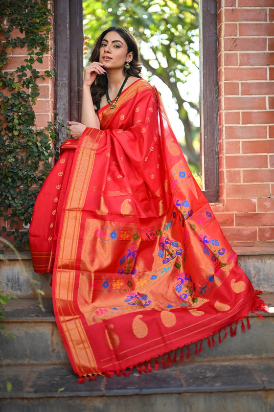 Chandrakor Rang Mahal ~ Handloom Pure Silk Paithani Maharani Paithani in Sapphire Red (With Silk Mark)