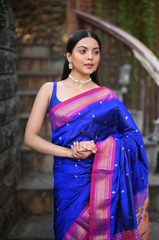 Rang Mahal ~ Handloom Pure Silk Paithani with Double Pallu in Royal Blue (With Silk Mark)