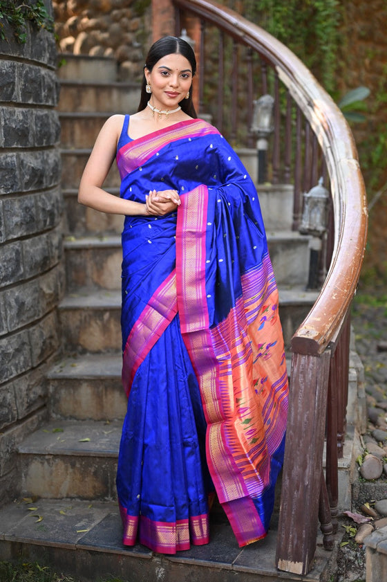 Rang Mahal ~ Handloom Pure Silk Paithani with Double Pallu in Royal Blue (With Silk Mark)