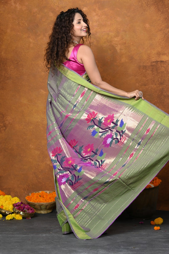 EXCLUSIVE! Handloom Pure Cotton Paithani With Traditional Asawali Pallu~Dual Tone Green & Pink