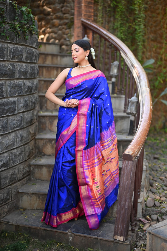 Rang Mahal ~ Handloom Pure Silk Paithani with Double Pallu in Royal Blue (With Silk Mark)