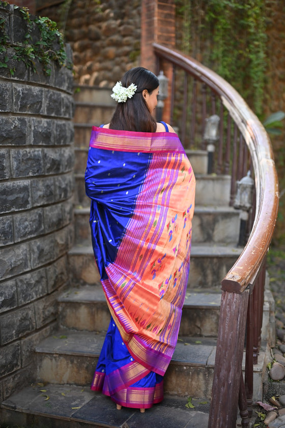 Rang Mahal ~ Handloom Pure Silk Paithani with Double Pallu in Royal Blue (With Silk Mark)