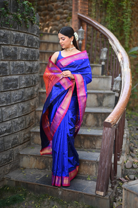 Rang Mahal ~ Handloom Pure Silk Paithani with Double Pallu in Royal Blue (With Silk Mark)